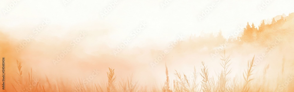 Poster soft amber wash enveloping a tranquil landscape at dawn with minimalist pencil strokes creating an e