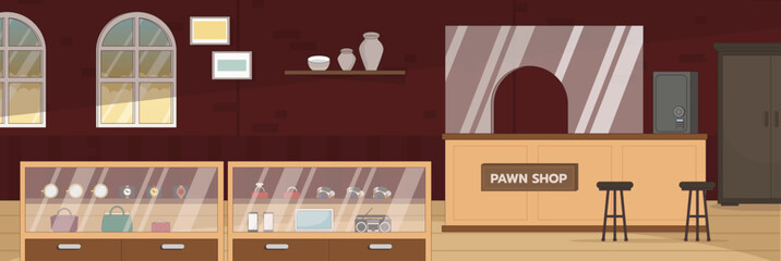 Cute and nice design of Pawnshop with furniture and interior objects vector design