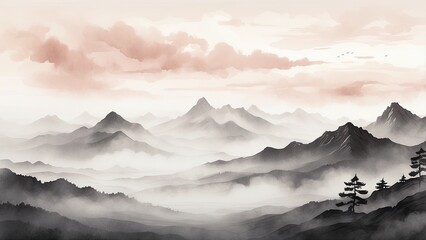 Watercolor-style painting of mountain ranges with mist covering the lower portions