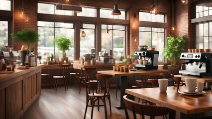 Fototapeta premium A modern rustic coffee shop interior features two espresso machines wooden tables chairs near large windows.