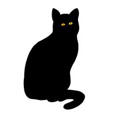 Black cat with yellow eyes sits and looks at you. Isolated object favorite pet domestic animal. Flat cartoon animal illustration.