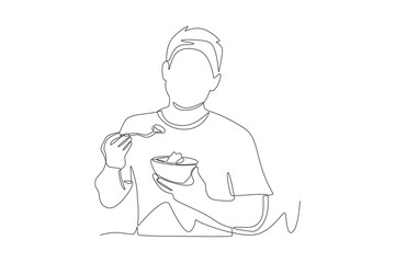 Man eating salad. Vegetarian concept one-line drawing