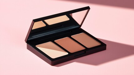 Open Black Makeup Palette with Three Shades of Bronzer and Highlighter on Pink Background