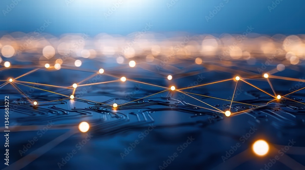 Poster networking technology and communication close up of circuit board with glowing lines and data points
