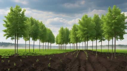 Obraz premium A freshly planted tree nursery featuring young green saplings arranged in neat rows on brown tilled earth.