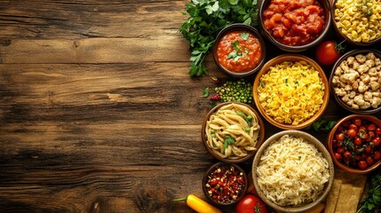 Delicious Variety of Cooked Pasta Dishes and Sauces on Rustic Wooden Table