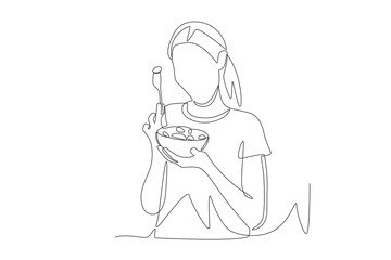 Woman eating salad. Vegetarian concept one-line drawing