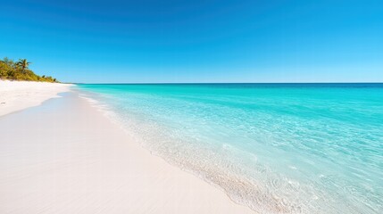Vibrant Tropical and Exotic A white sandy beach with turquoise water and green palm trees, clear blue sky, tropical paradise.