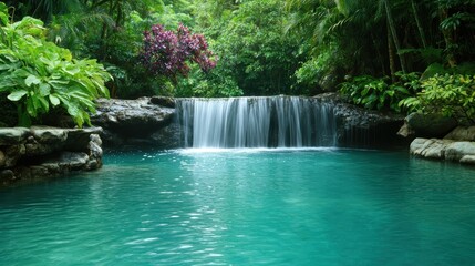 Naklejka premium Vibrant Tropical and Exotic A lush tropical jungle with vibrant flowers, exotic plants, and waterfalls, scenic view.