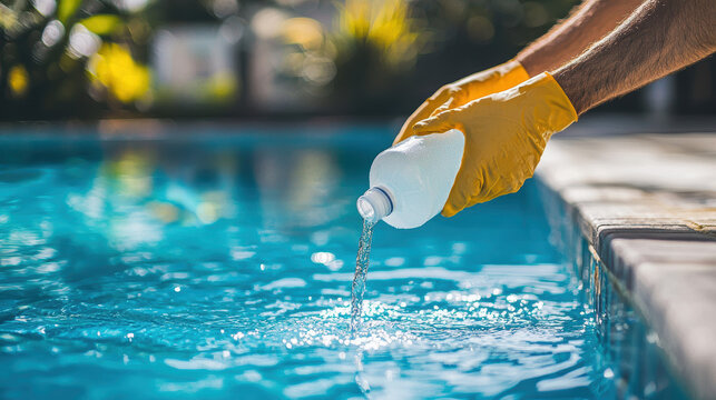 Person pouring liquid chlorine into swimming pool feeling relaxed and enjoying pool maintenance, showing pride in cleanliness