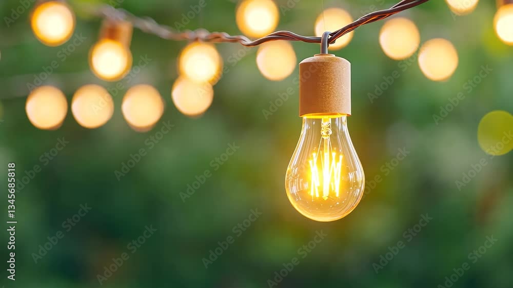 Poster glowing string lights and light bulbs create warm, inviting outdoor atmosphere with cozy bokeh effec