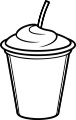 Black and White Line Art of Iced Coffee Cup with Straw and Cream Topping