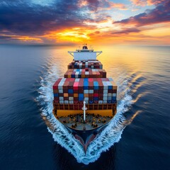 Fototapeta premium Large container ship navigating through the vast ocean waters under a clear sky on a sunny day