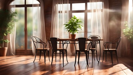 Fototapeta premium A sunlit dining room a wooden table, four black metal chairs, a potted plant, bathed warm morning light streaming through sheer curtains.