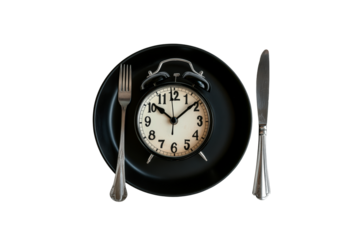 Alarm clock on a black plate with fork and knife, symbolizing time and meal concept isolated on transparent background