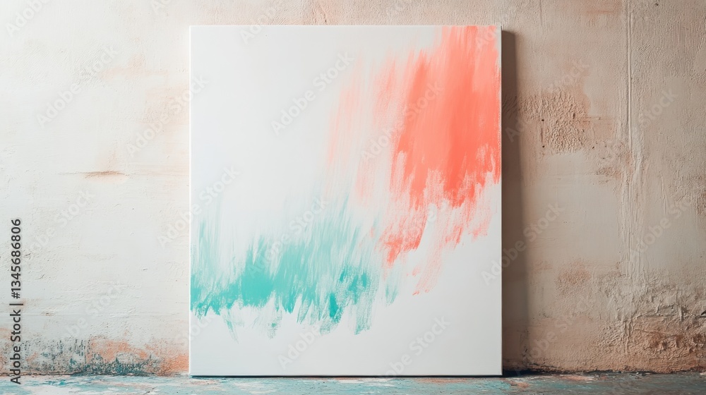 Poster Elegant white canvas adorned with bold brush strokes of coral and teal in a serene artistic studio setting