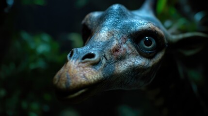 Fototapeta premium Close-up of a detailed giraffe head, subtly eerie, with textures and eyes