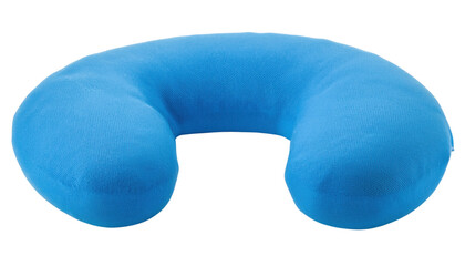 Blue curved neck pillow on a white isolated background.