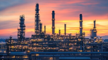 Obraz premium Majestic Industrial Landscape at Sunset with Smoke Stacks and Lights