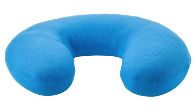Blue curved neck pillow on a white isolated background.