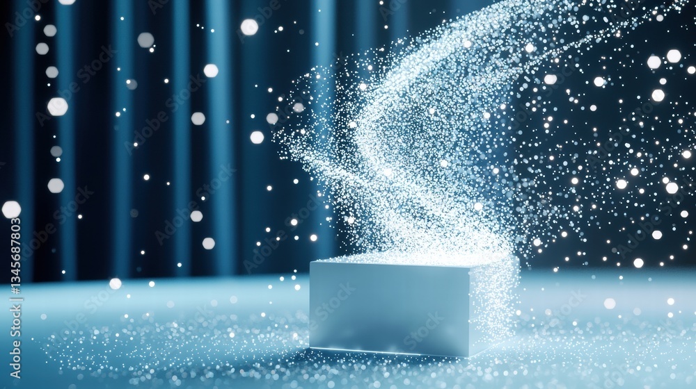 Poster digital and data particle digital particles forming a holographic projection, showcasing futuristic 