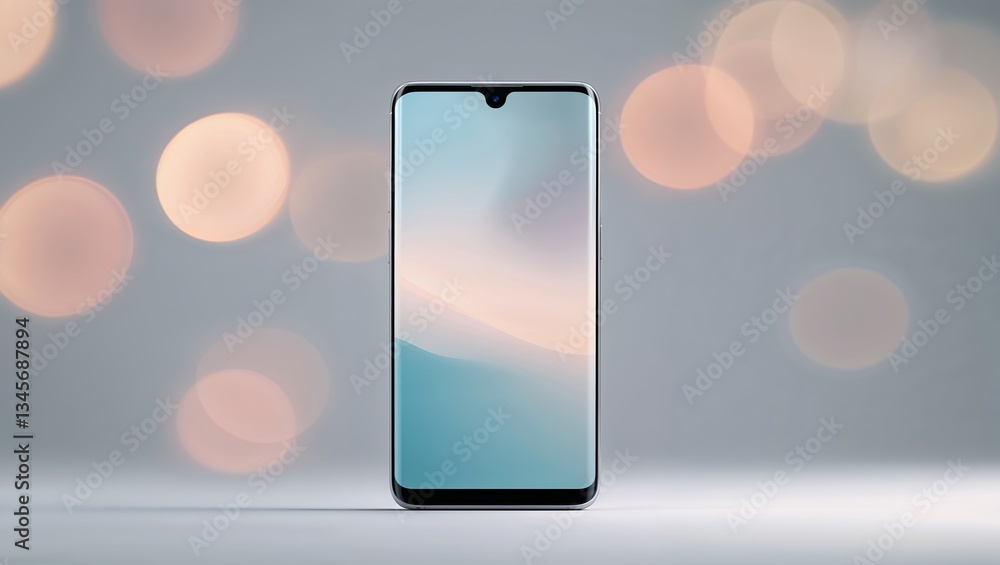 Poster modern smartphone displayed with soft pastel background and bokeh lights at night