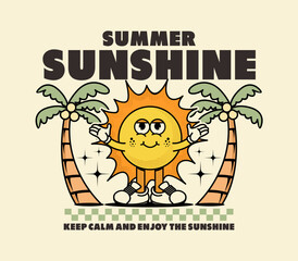 sun, cartoon, character, mascot, retro, vintage, summer, beach, t shirt, apparel, fashion, graphic, design, vector, illustration, palm, logo, tree, symbol, sea, art, tropical, poster, silhouette, natu
