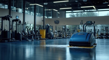 Modern Gym Interior with Fitness Equipment and Unique Floor Cleaning Machine in an Active Environment