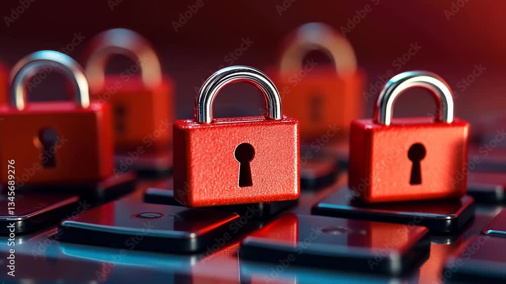 Poster red padlocks on black computer keys symbolizing cybersecurity, data protection, and privacy in digit