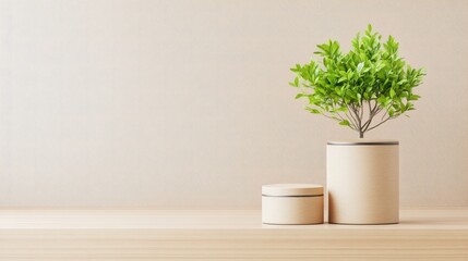 Fototapeta premium Minimalist wooden display with potted plant