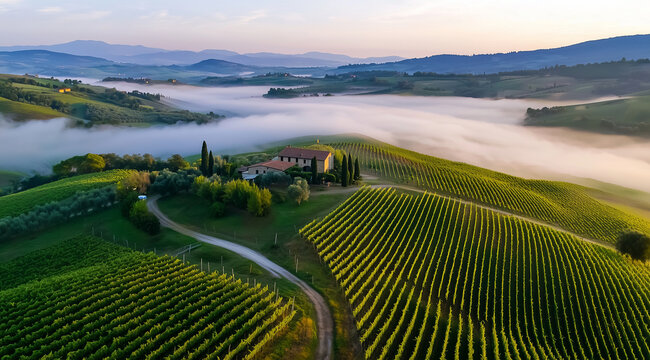 Aerial view of foggy vineyards in Tuscany at sunrise, with rolling hills and an old house. The mist adds to the ethereal beauty of the scene. A perfect subject for travel photograp