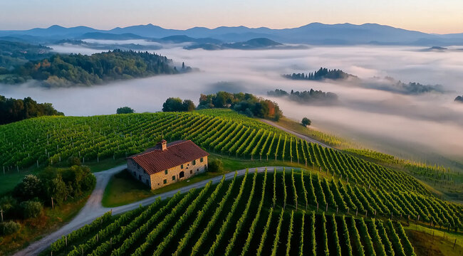 A misty morning in the rolling hills of Tuscany, Italy, with vineyards and an old farmhouse, captured from above by a drone. The soft light creates a dreamlike atmosphere as it gen