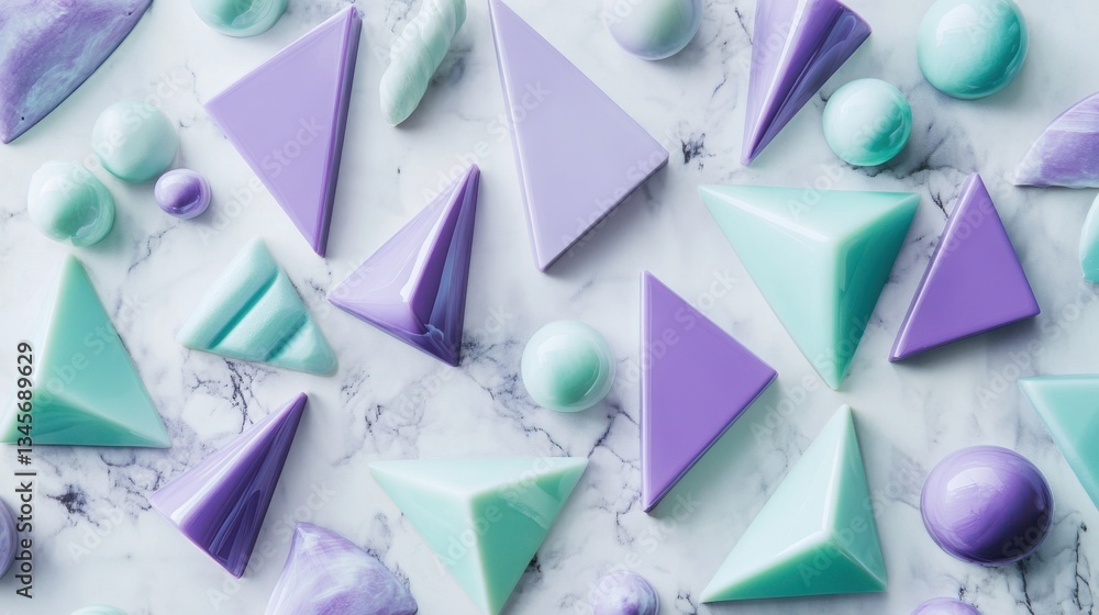 Poster elegant lavender and mint geometric shapes arranged over a marble background creating a calming aest