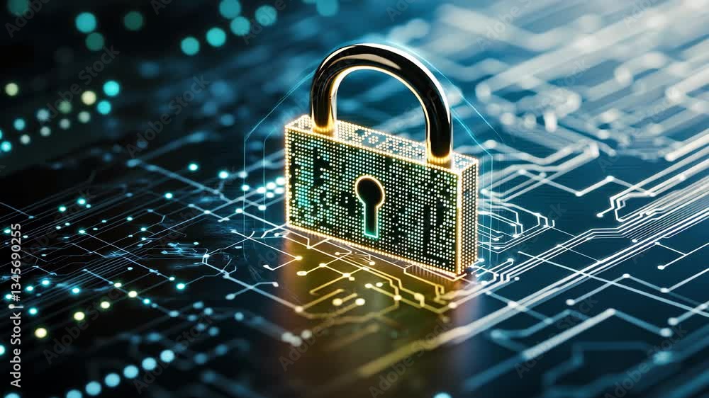 Poster digital padlock on circuit board cybersecurity, data protection, and secure technology for network s