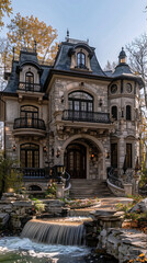 Naklejka premium Massive suburban McMansion with confusing architectural choices and excessive ornamentation