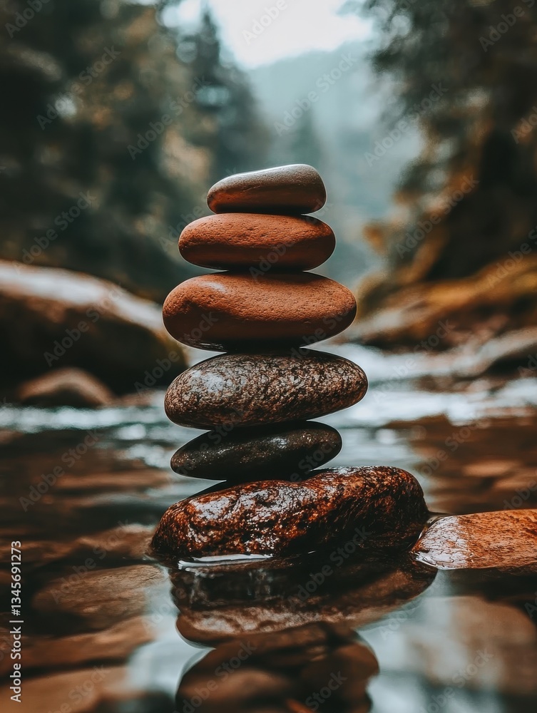 Poster stack of smooth river stones balances elegantly over calm water in a serene forest setting