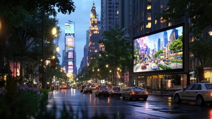 Fototapeta premium Urban Evening Scene with Bright Billboard and Citylights at Night