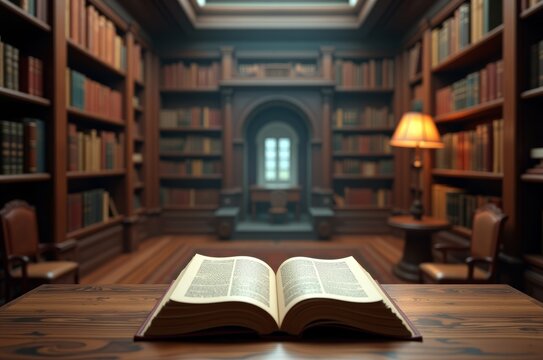A room filled with books and a table with an open book
