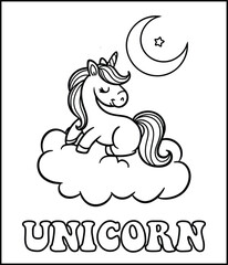 Cute black and white coloring page of a unicorn on a cloud at night.