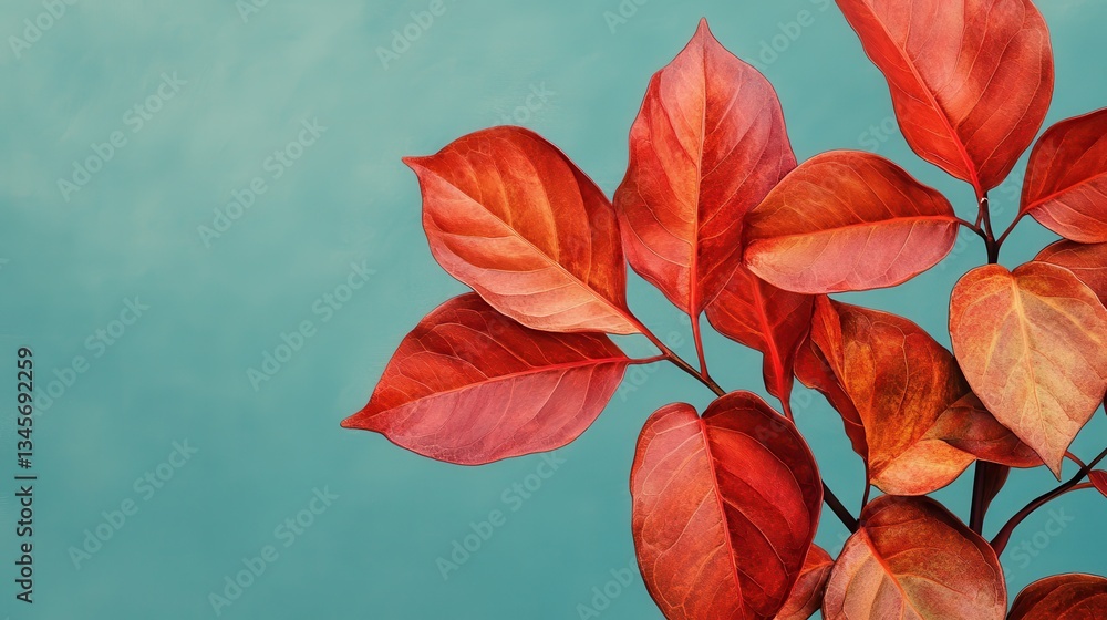 Aufkleber bright red leaves with subtle orange veins against a serene blue background create a striking autumn