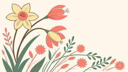 Illustration of yellow and coral flowers with green leaves on a cream background. Perfect for Spring Invitations, Holiday Branding, and Creative Event Projects