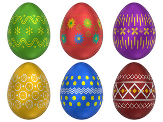 The set of 6 colorful Easter eggs on transparent background. 3d render