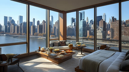 Luxurious hotel room with city skyline view, gourmet breakfast spread, and autumn scenery