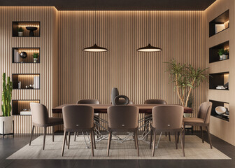 Modern, minimalist living room with vertical wood paneling, sleek furniture, and stylish decor, 3d...