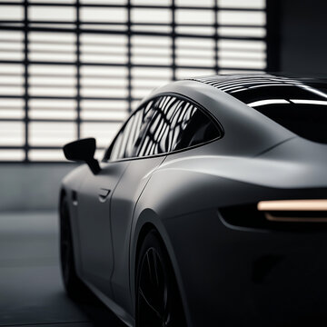  a premium matte silver car with tinted window inside a garrage under the soft white light, 90% dark tinted, 4k imag, side top close view, aesthetic and minimal image