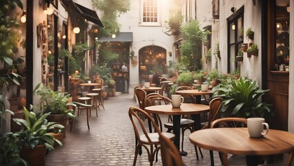A charming outdoor cafe scene wooden tables chairs nestled amongst lush greenery a sunlit courtyard.