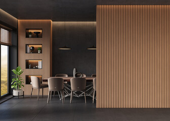 Modern, minimalist living room with vertical wood paneling, sleek furniture, and stylish decor, 3d...