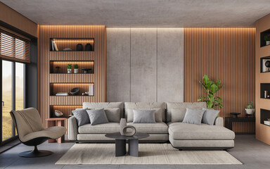 Modern, minimalist living room with vertical wood paneling, sleek furniture, and stylish decor, 3d...