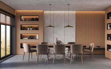 Modern, minimalist living room with vertical wood paneling, sleek furniture, and stylish decor, 3d rendering 
