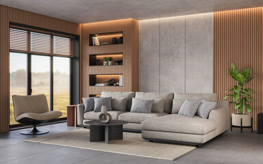 Modern, minimalist living room with vertical wood paneling, sleek furniture, and stylish decor, 3d...